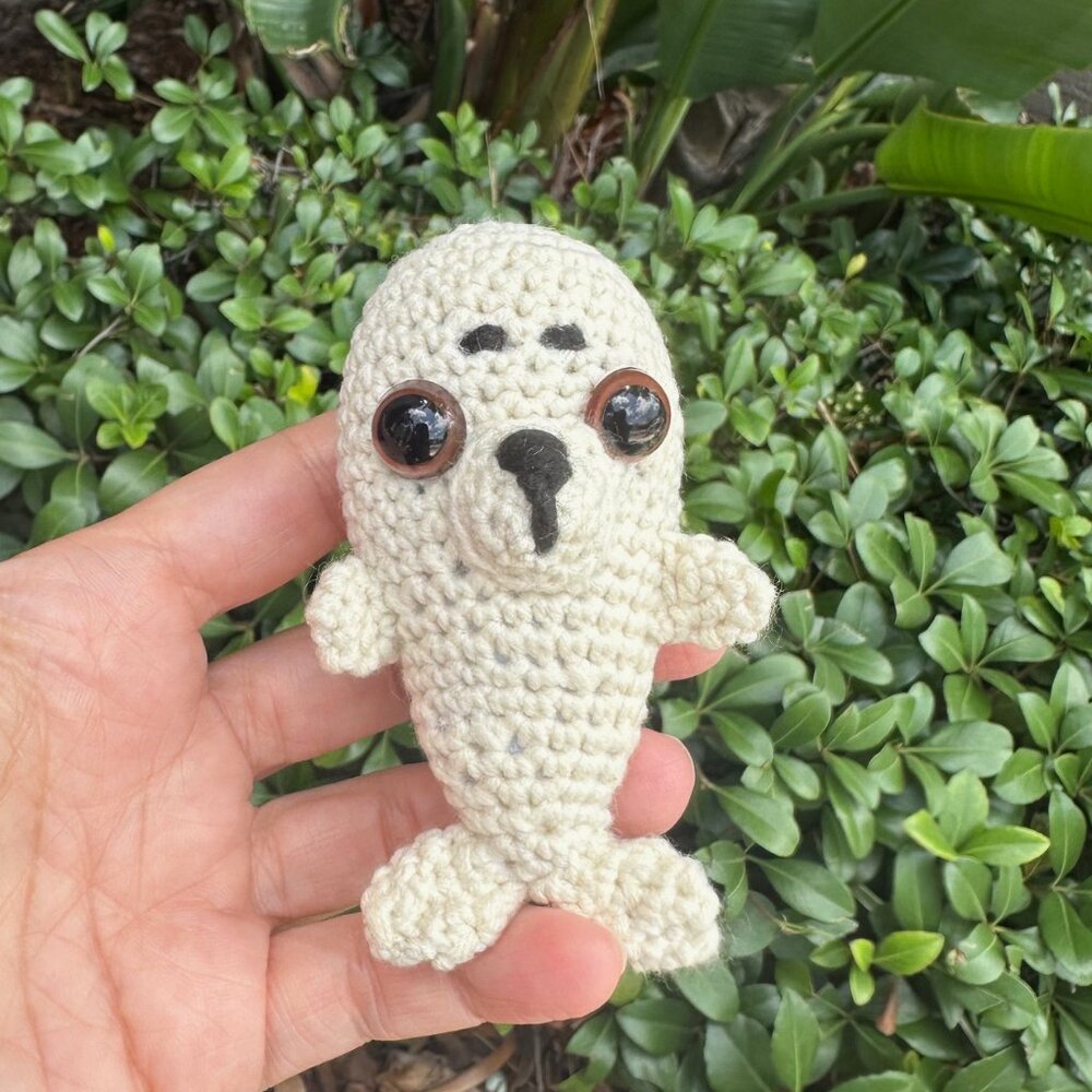 Crochet Cream Harp Seal Pup Figurine, Cute Marine Harp Seal Pup Toy